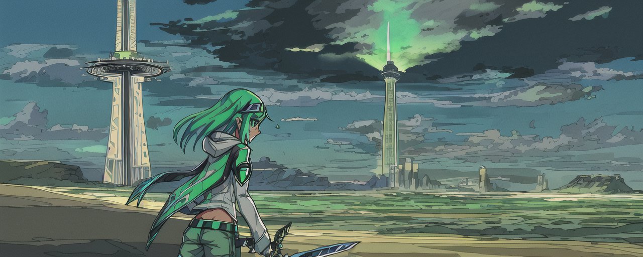 An image of 1girl, hoodie, pants, sword, portal, landscape, cyberpunk, space needle