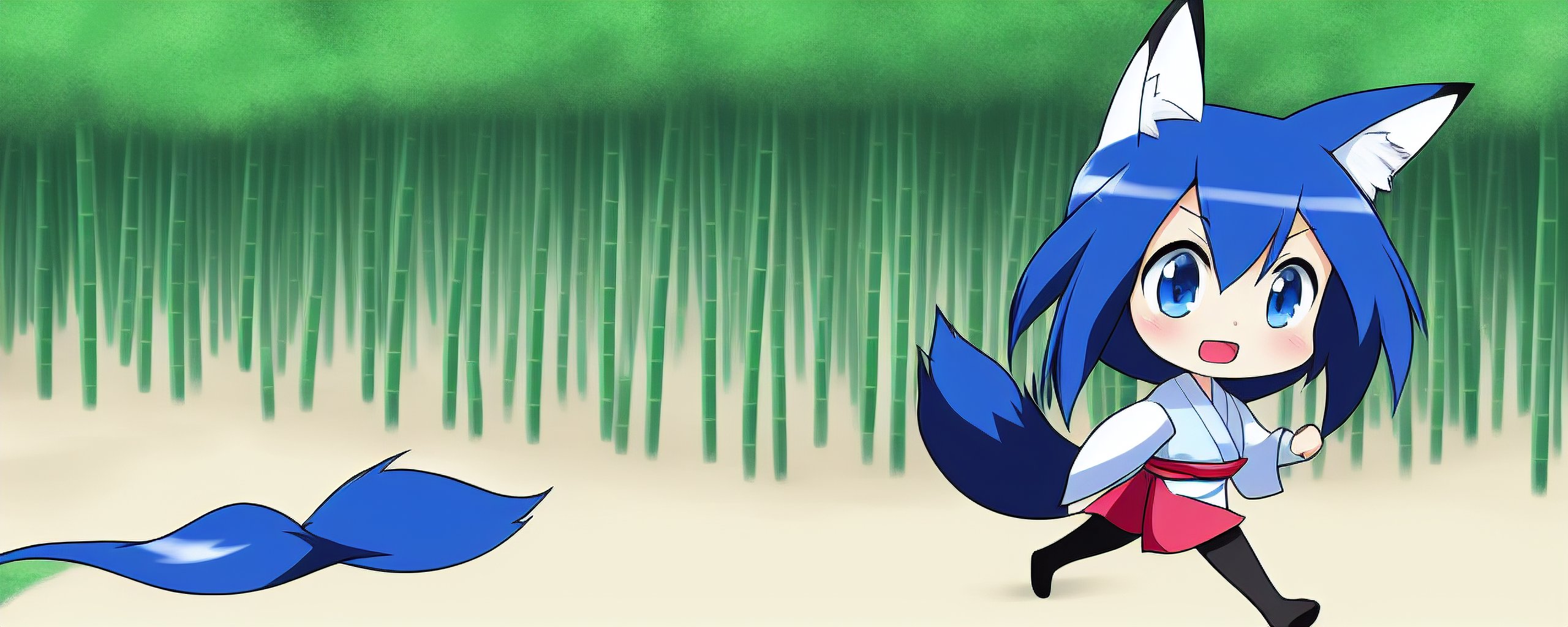 An image of 1girl, fox ears, blue hair, blue eyes, katana, bamboo forest, kimono, long hair, princess, pokemon, fluffy hair, shouting, coffee, chibi, portrait, dialogue, monado, running, fox tail, blue tail