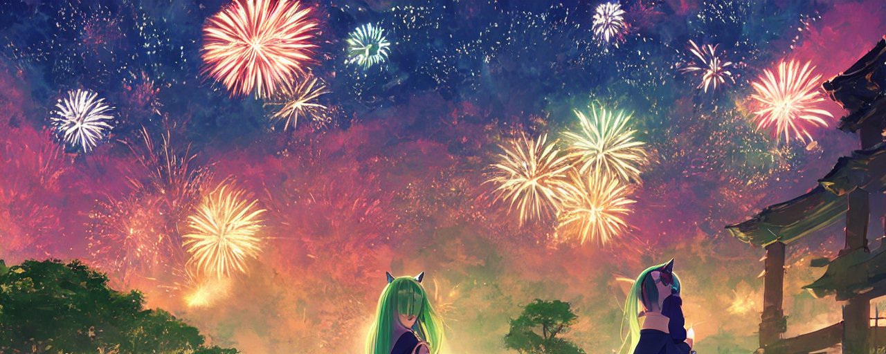 An image of girl with long green hair with cat ears wearing an orange kimono, nighttime, many fireworks, festival, happy happy, A beautiful landscape, studio ghibli, zen gates, yin yang, pagoda, colorful sky, by hayao miyazaki, starbucks vibes