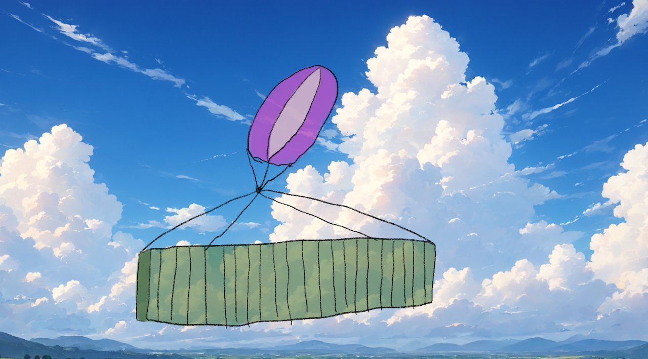 An image of A hot air balloon raises a shipping container into the heavens