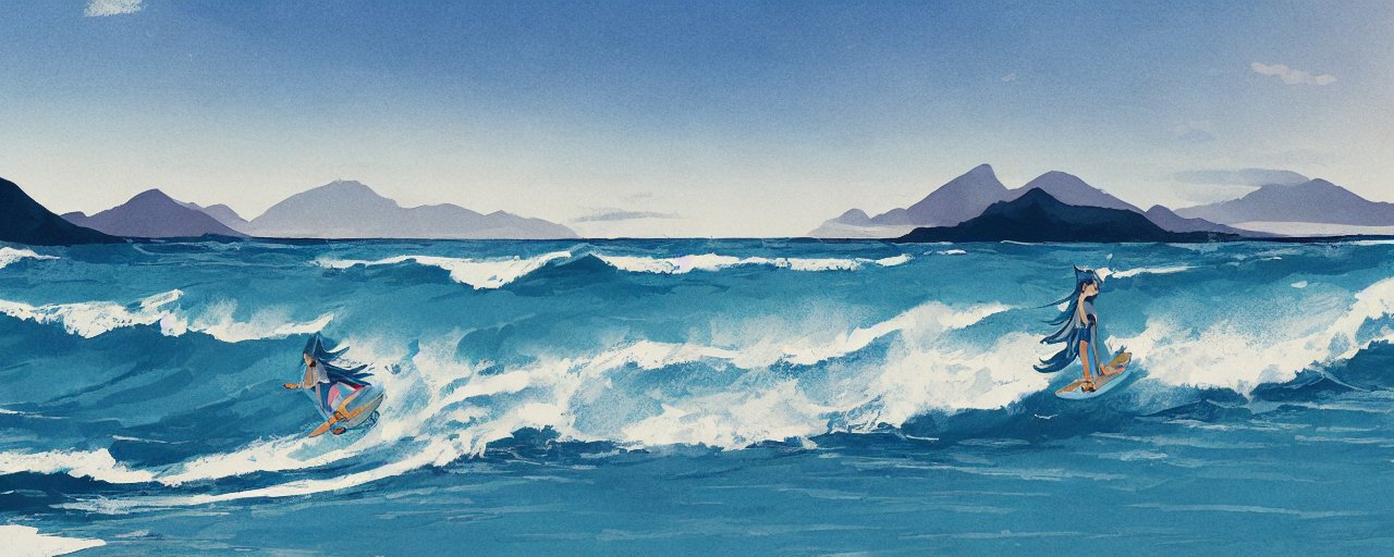 An image of landscape, mountains, breath of the wild, 1girl, fox ears, dark blue hair, blue eyes, surfboard, surfing, beach, simple sketch, clean lines, rakugaki