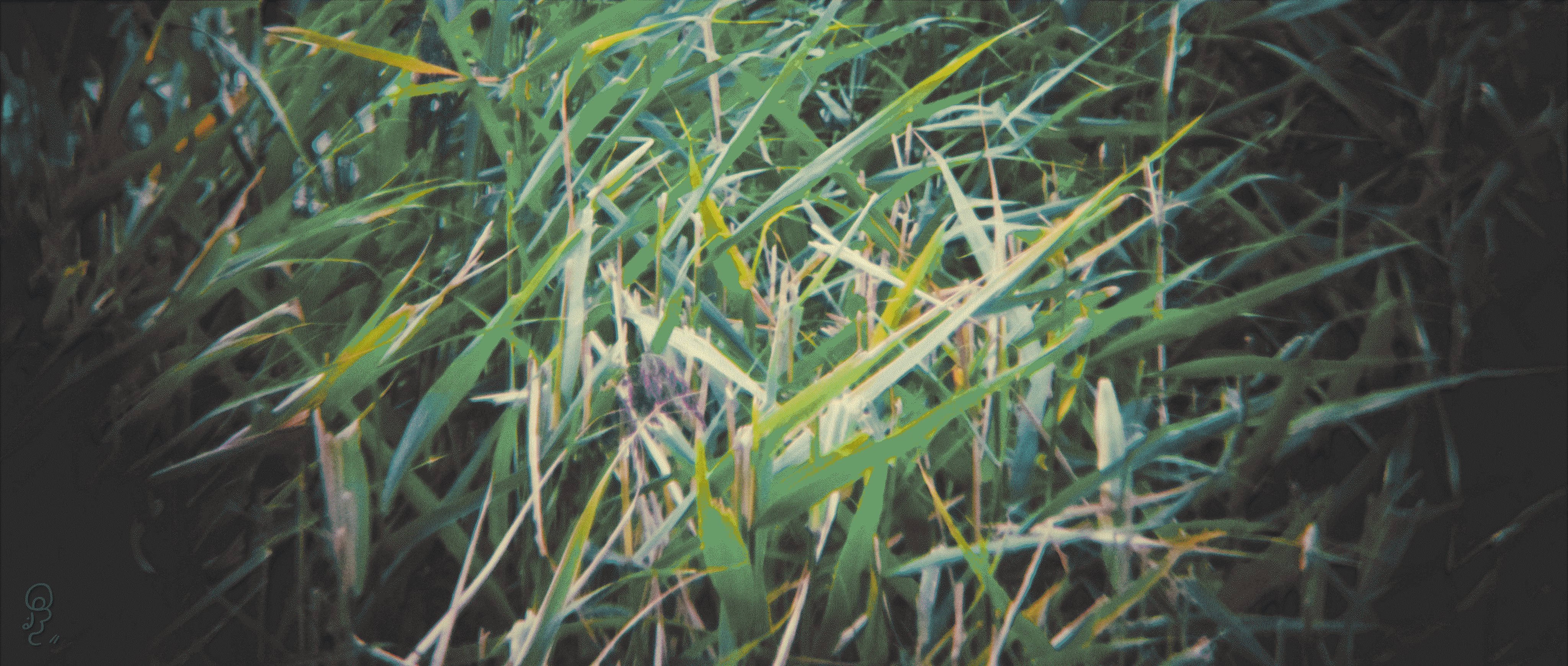 An image of A dithered picture of grass, vignetted around the edges. The palette is forced to be very natural.