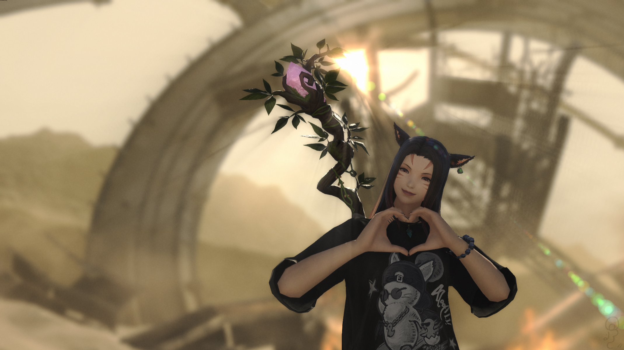 An image of A Miqo'te woman in a long tshirt and leggings looks out across the land with a crashed space station behind her.