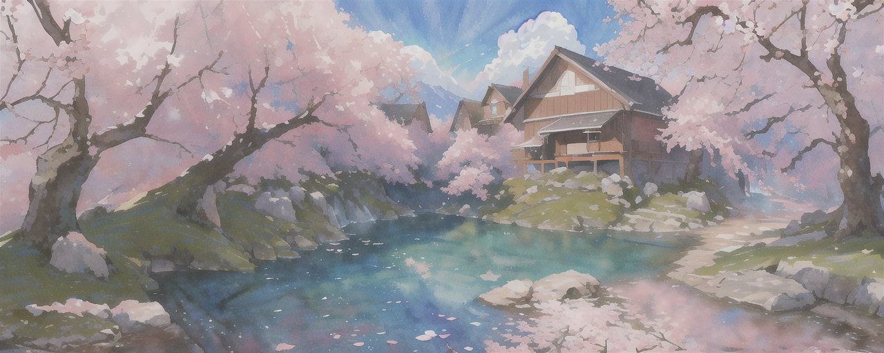 An image of landscape, spring, onsen, highly detailed, colorful, cherry blossoms, watercolor, no humans