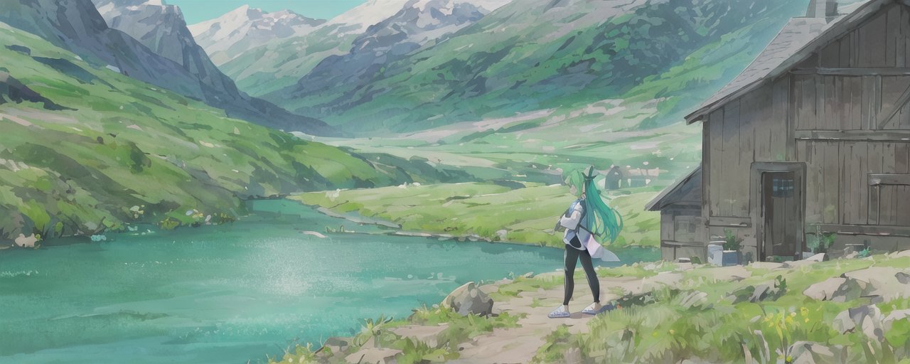 An image of 1girl, green hair, green eyes, jogging, countryside, summer, blue sky, long hair, yoga pants, hoodie, barn, watercolor, peaceful, river, portrait, looking at distance, highly detailed, serene