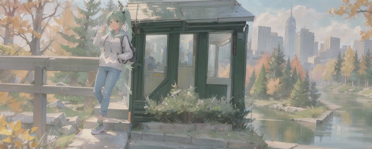 An image of A green-haired woman in a hoodie and jeans leaning on a shed that looks like the Hanzi character for "four"