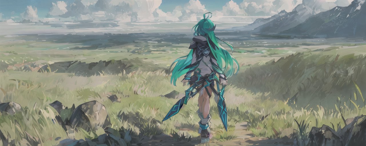 An image of 1girl, green hair, hoodie, outdoors, breath of the wild, space needle, walking, long hair, highly detailed, futuristic