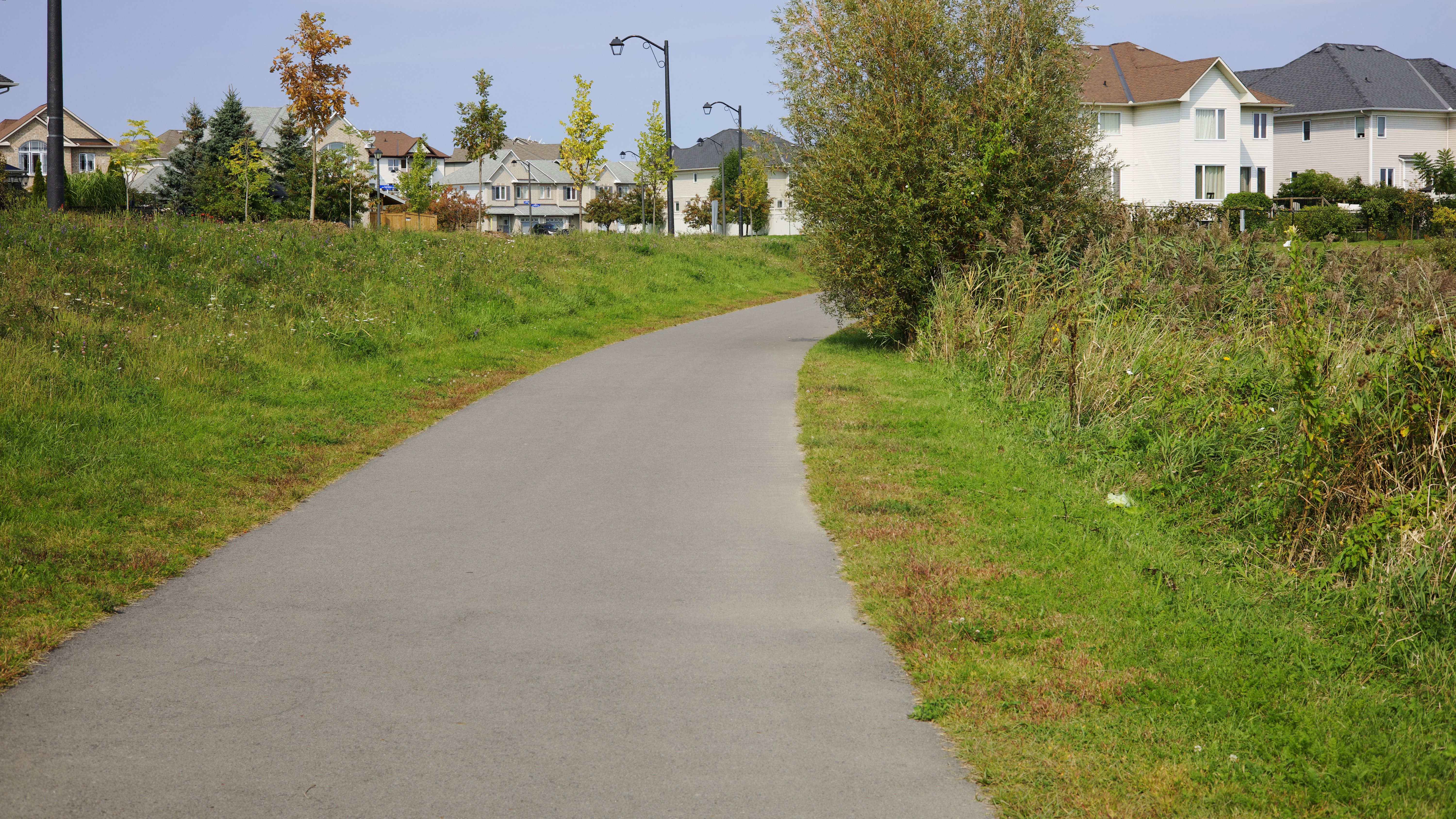 An image of A concrete path splitting two grassy patches in a park in a suburban exclave