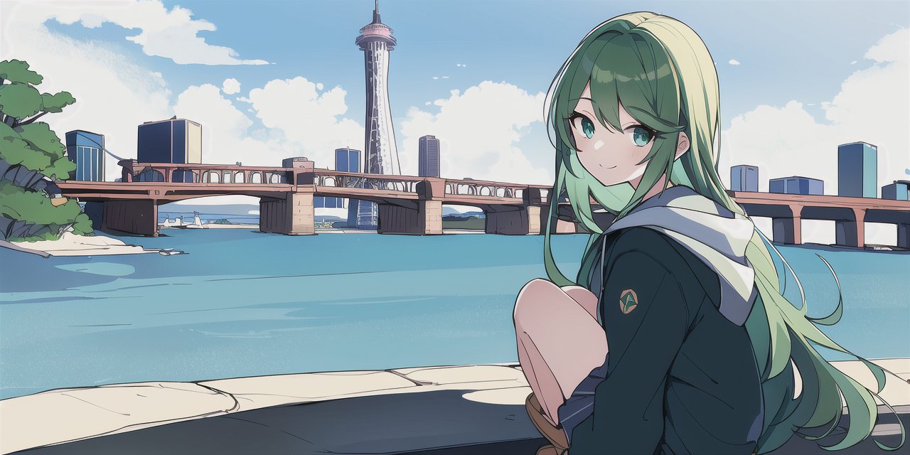 An image of 1girl, green hair, green eyes, smile, hoodie, skirt, river, bridge in the distance, long hair, wearing uggs, summer, beach, space needle, crabs, -amputee