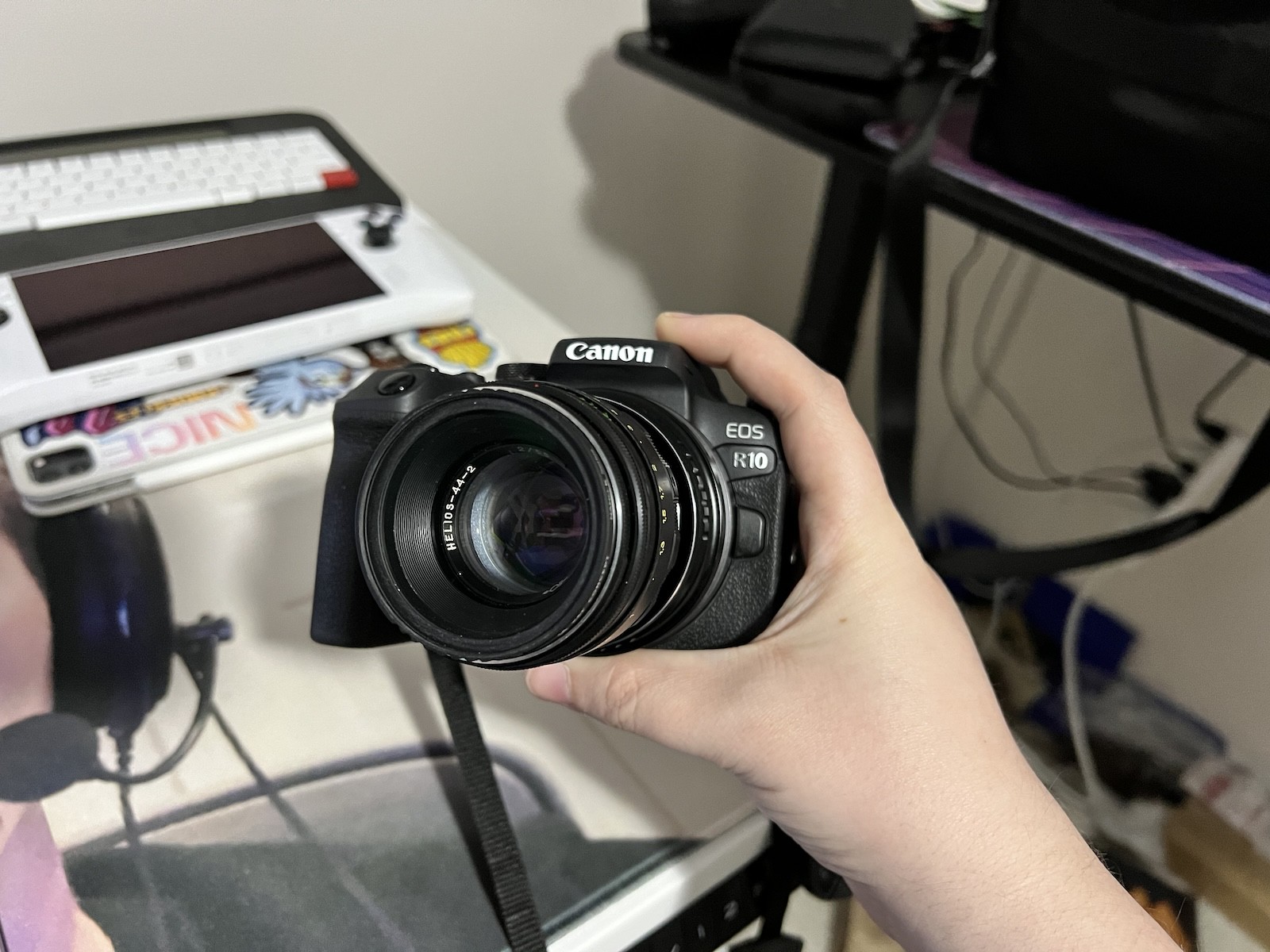 The Canon EOS R10 with a Helios 44-2 lens adapted to it.